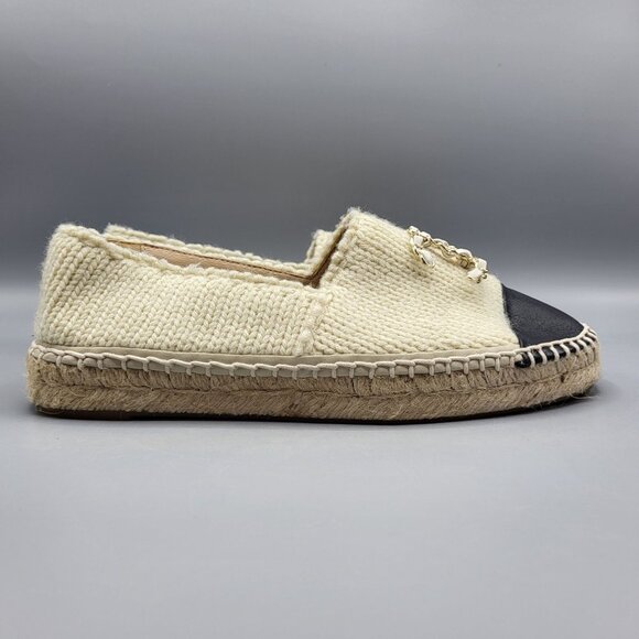 Chanel Beige Knit & Black Leather Espadrilles Size 37 B G29762 Made in Spain - Picture 8 of 16